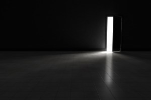 Open door to dark room with bright light shining in. Background Illustration.
